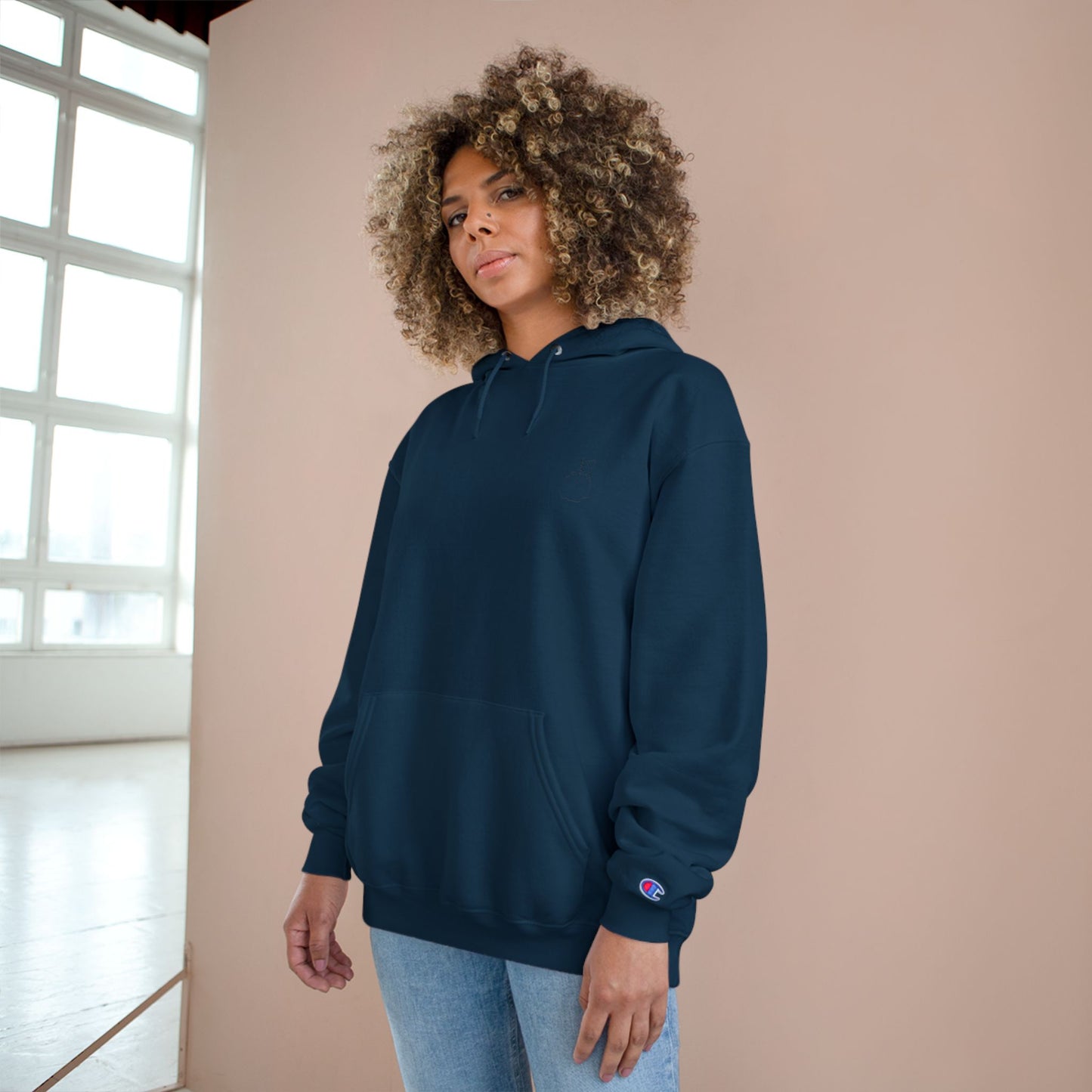 Champion Hoodie with Korean Finger Heart Graphic – Minimal White Pullover