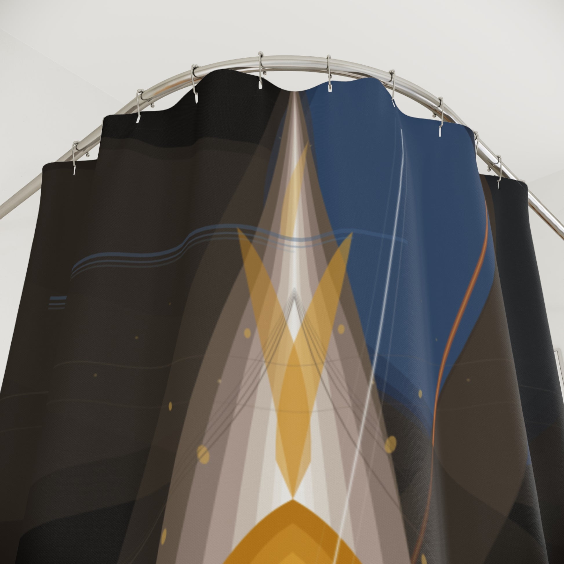 Abstract shower curtain featuring modern, artistic design for stylish home decor, made by Printify