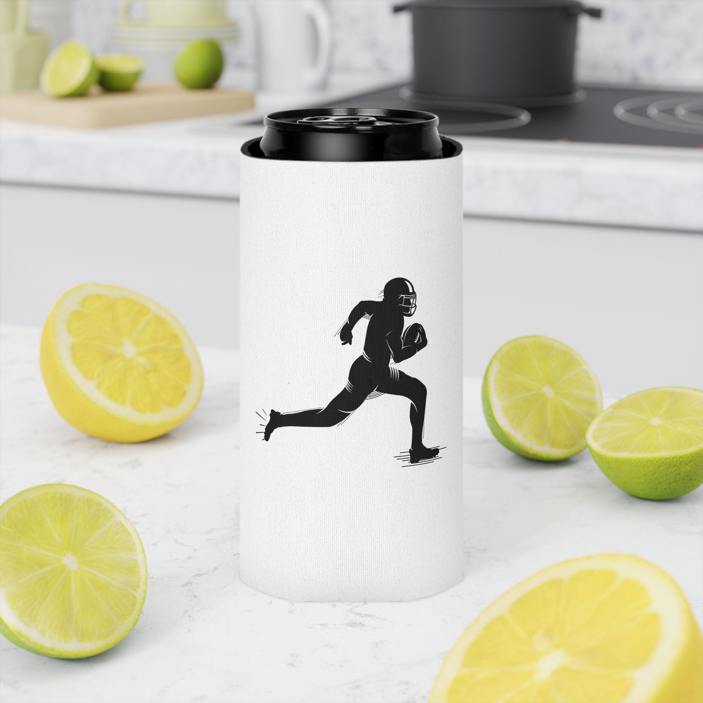 Football Player Can Cooler – Running Ball Carrier Beverage Koozie