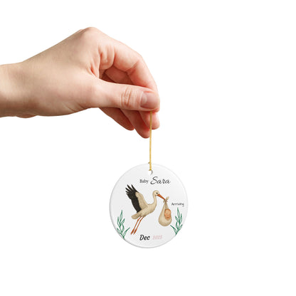 Stork with Baby, Personalized Name and Due Date Ornament Ceramic Ornament - TRV