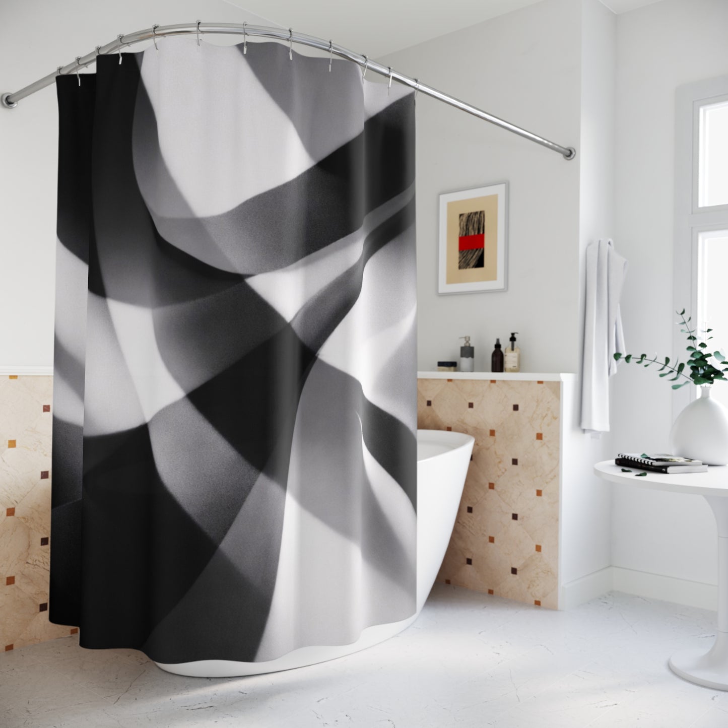 Abstract black and white waves shower curtain featuring modern geometric design for stylish bathroom decor