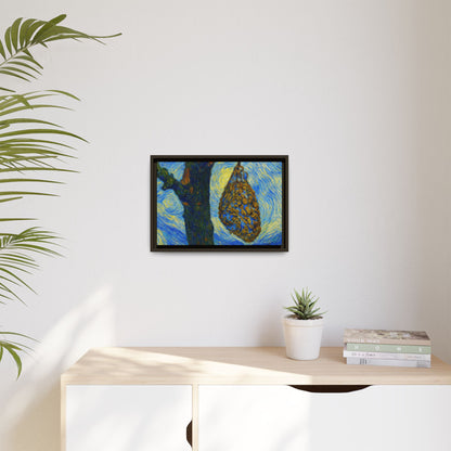 Framed Matte Canvas Art — Van Gogh-Style Swirling Night with Hanging Beehive