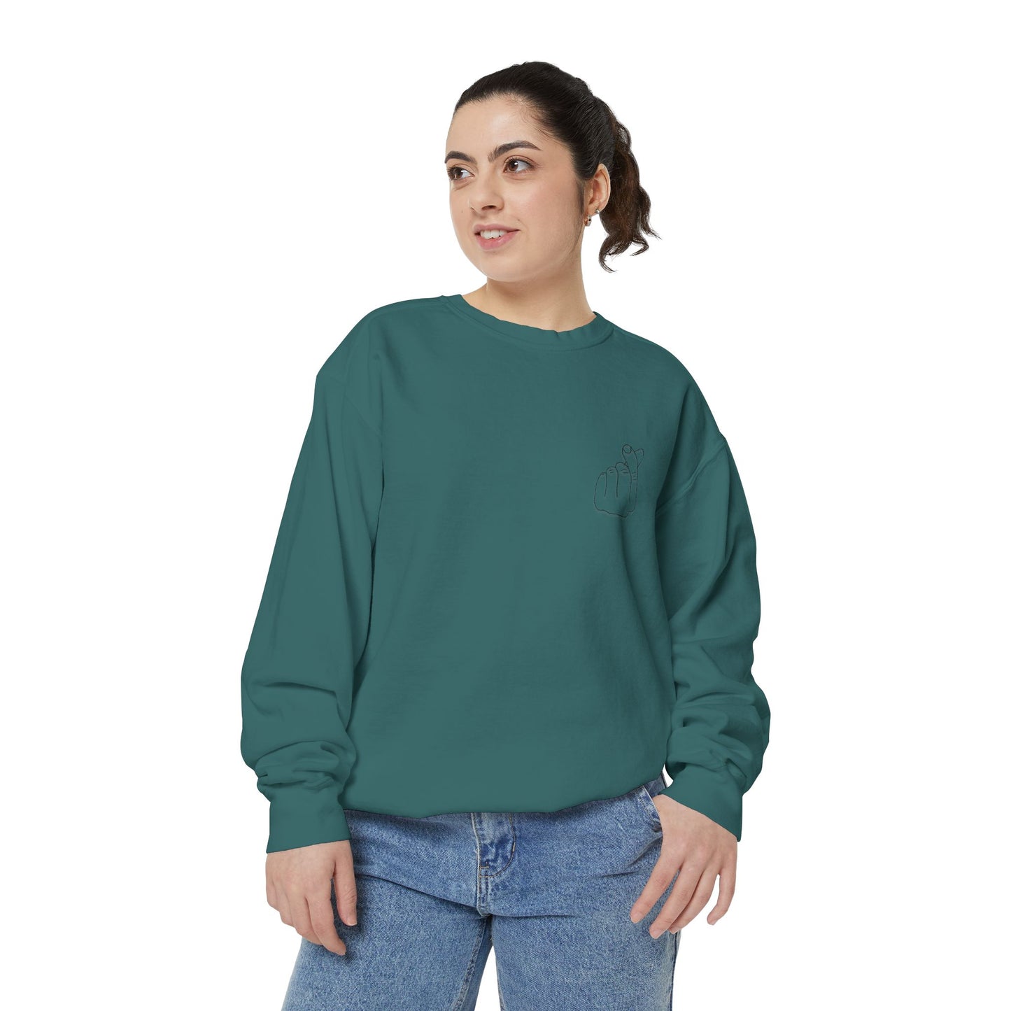 Minimalist Peace Hand Sweatshirt — Small Chest Line Art Crewneck