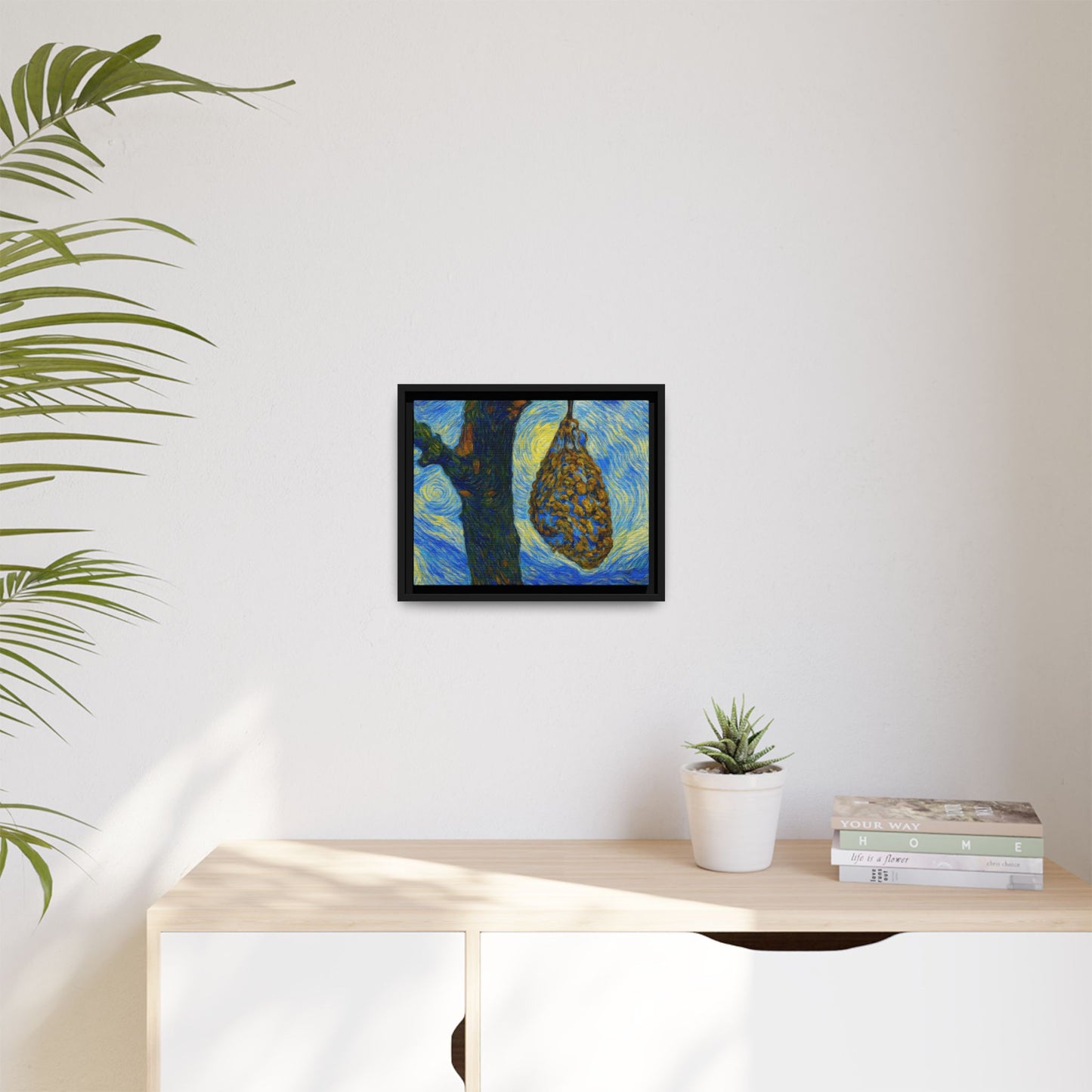 Framed Matte Canvas Art — Van Gogh-Style Swirling Night with Hanging Beehive