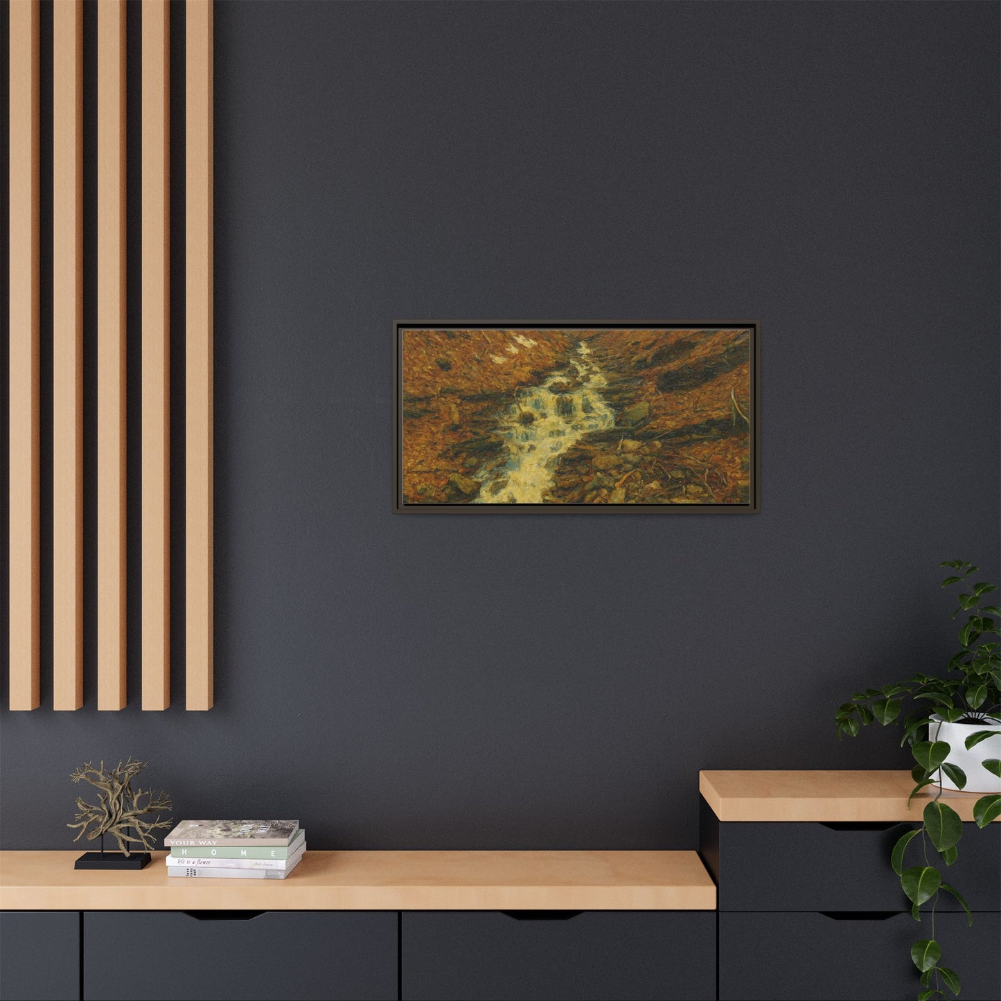 Serene Abstract Nature Canvas Art, Framed Wall Decor, Rustic Home Accent, Earthy Tone Artwork, Tranquil River Scene - TRV