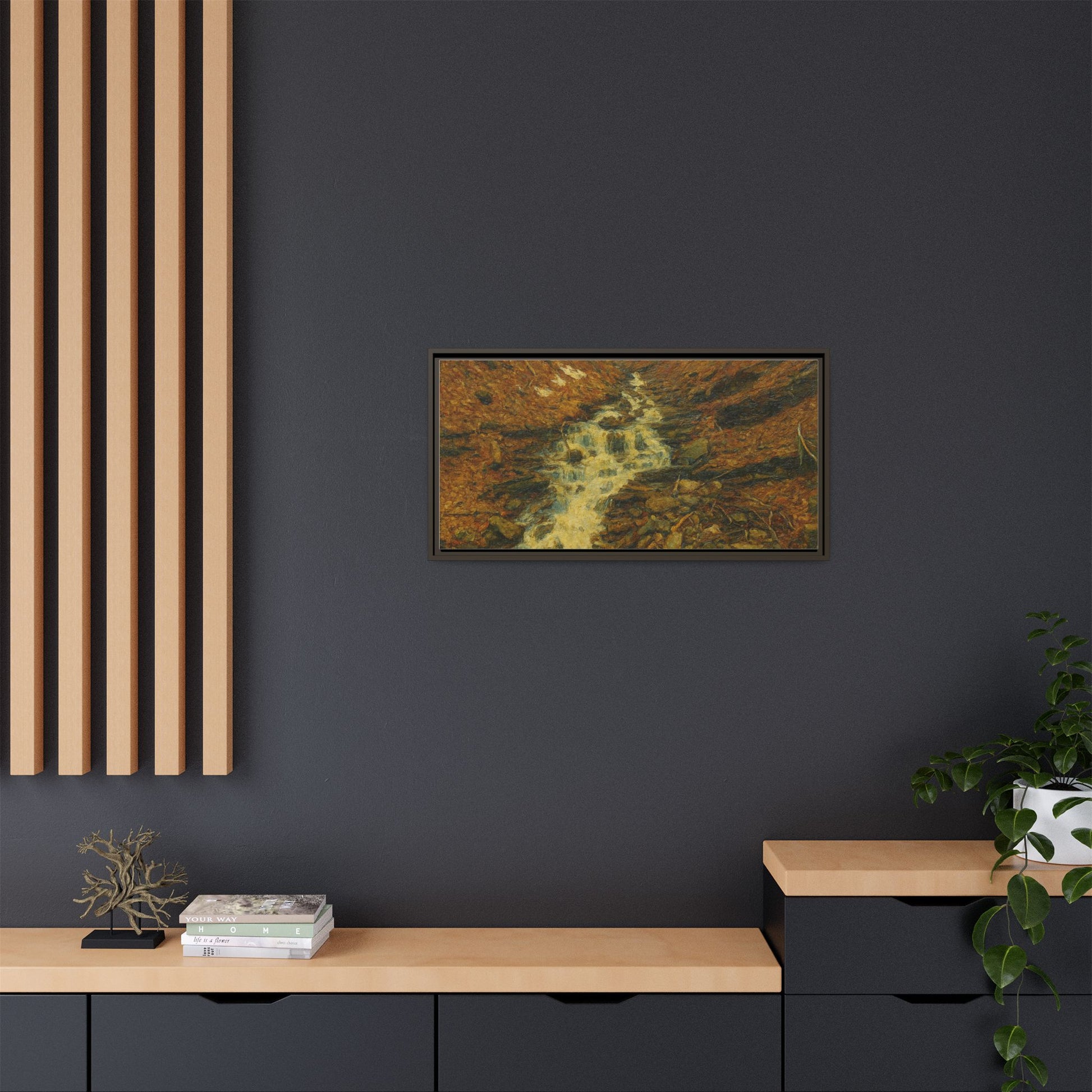 Serene Abstract Nature Canvas Art, Framed Wall Decor, Rustic Home Accent, Earthy Tone Artwork, Tranquil River Scene - TRV