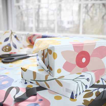 Floral Butterfly Wrapping Paper Roll — Elegant Blue & Gold Garden Gift Wrap
