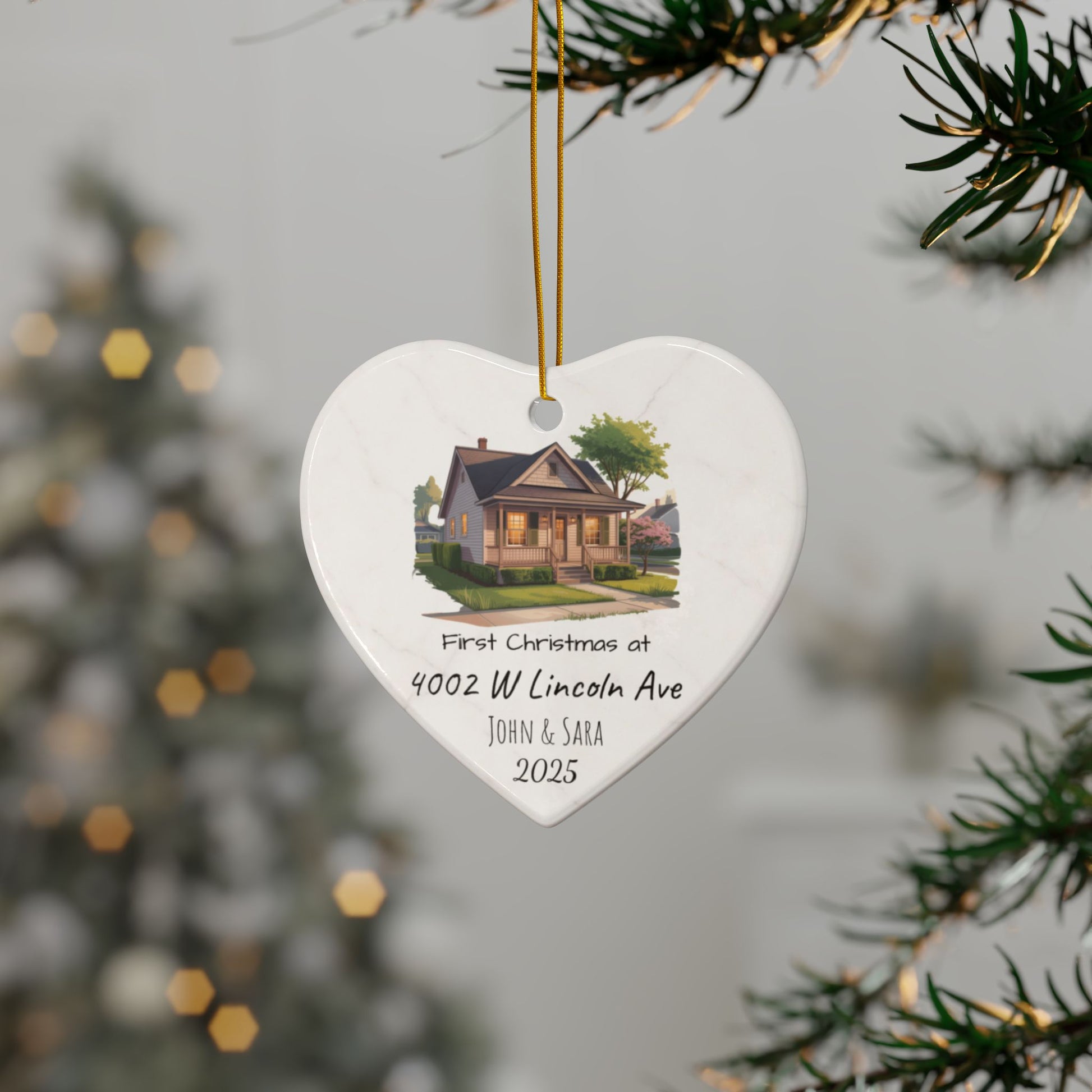 Custom House Illustration Ceramic Ornament | Personalized Address & Names, 2-Side Christmas Ornament - TRV