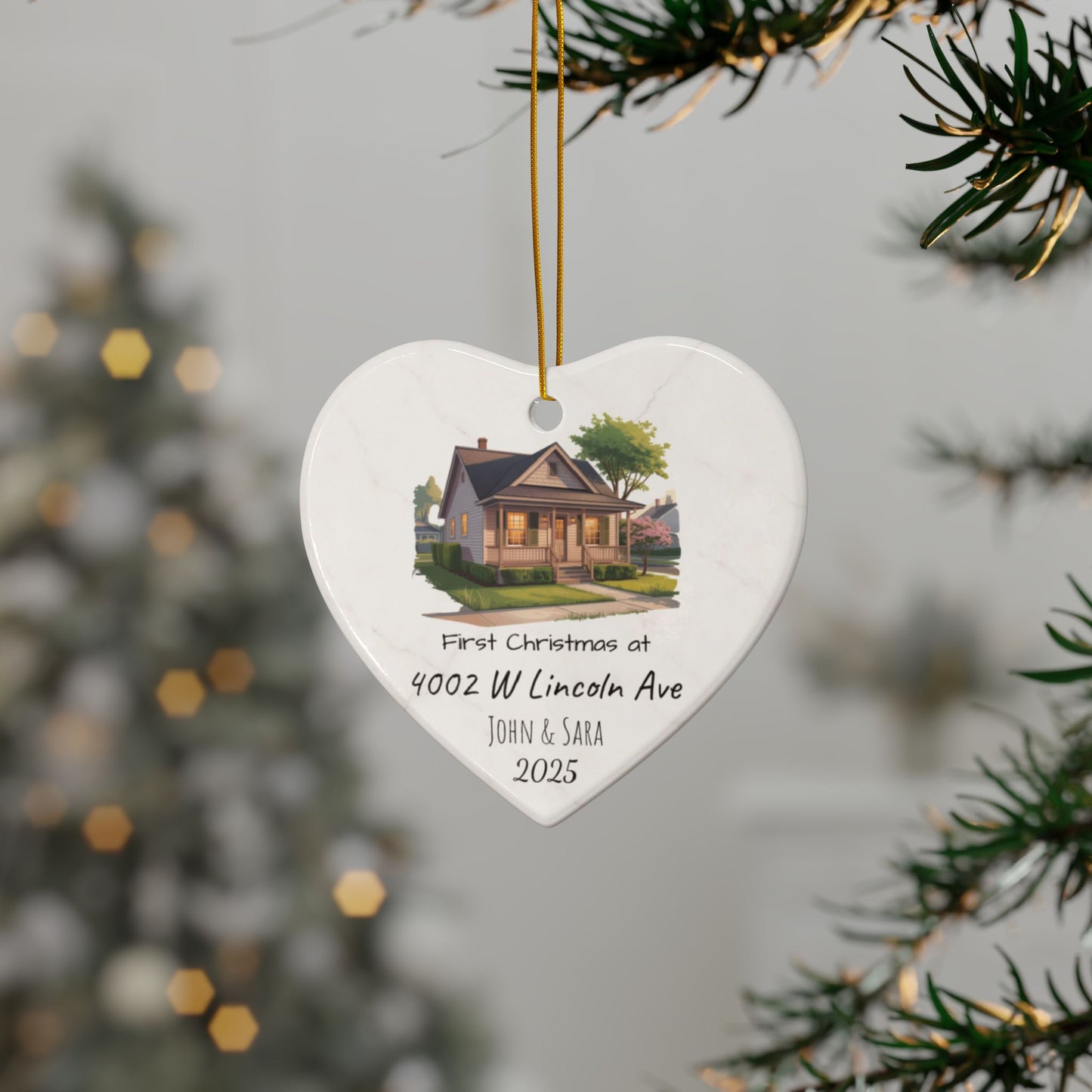 Custom House Illustration Ceramic Ornament | Personalized Address & Names, 2-Side Christmas Ornament - TRV