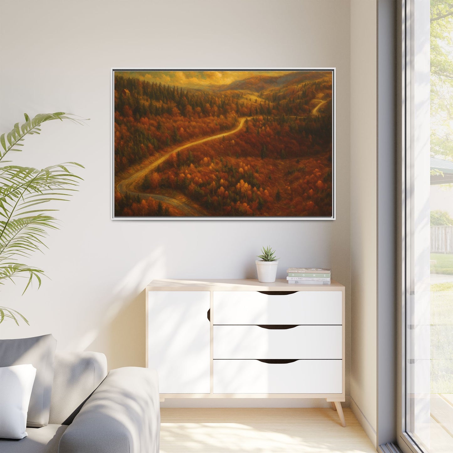 Autumn Landscape Framed Canvas Art, Cozy Home Decor, Warm Fall Vibes, Gift for Nature Lovers, Perfect for Thanksgiving - TRV