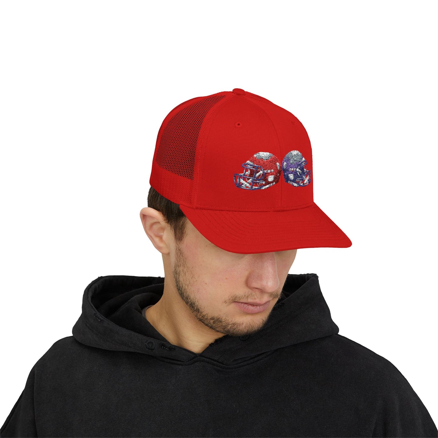 Sporty Snapback Trucker Cap with Football Helmets, Baseball Cap, Outdoor Activity Hat, Gift for Sports Fans, Team Spirit Wear - TRV