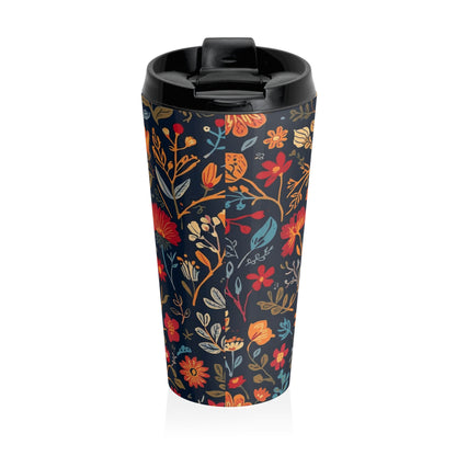 Autumn Floral Pattern Stainless Steel Travel Mug | Navy Wildflower Design - TRV
