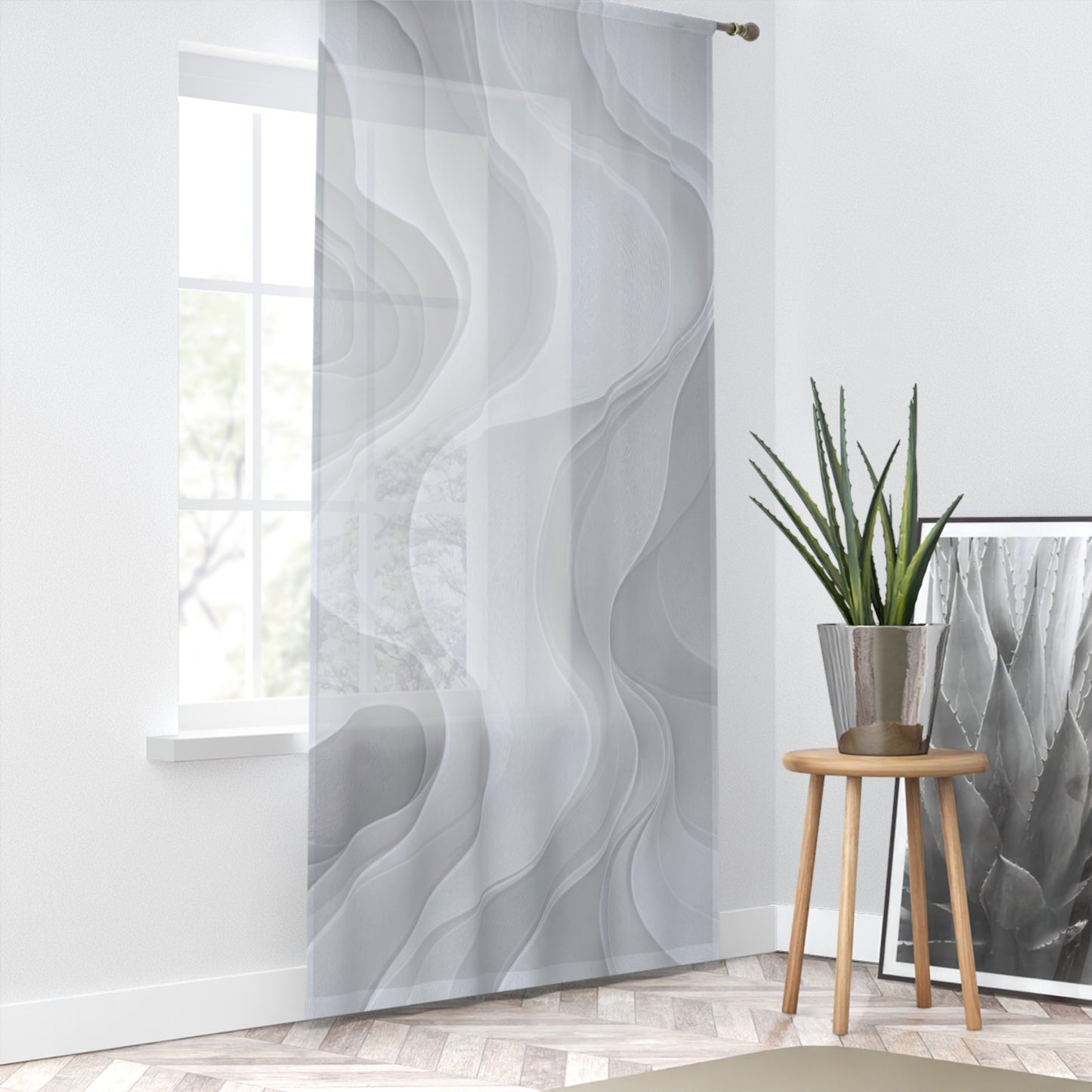 Abstract gray wave design sheer window curtain by Printify, modern home decor drapery with flowing wave pattern for stylish window coverings.