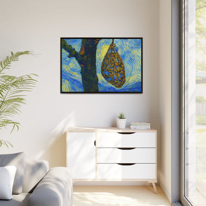 Framed Matte Canvas Art — Van Gogh-Style Swirling Night with Hanging Beehive