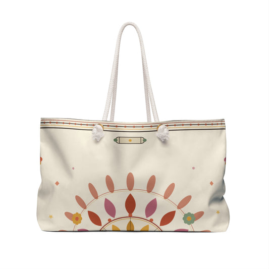 Boho Floral Mandala Weekender Bag | Large Canvas Tote, Neutral Pastel Pattern - TRV