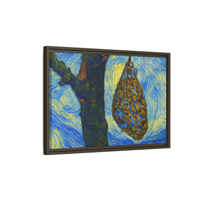 Framed Matte Canvas Art — Van Gogh-Style Swirling Night with Hanging Beehive
