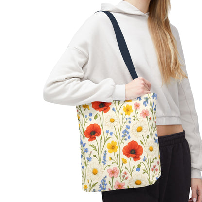 Wildflower Poppy Print Tote Bag | Floral All-Over Pattern
