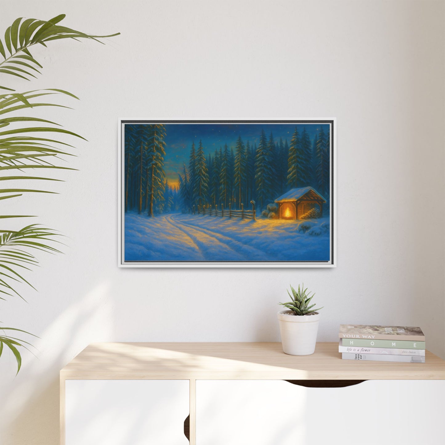 Framed Winter Landscape Canvas, Cozy Cabin Art, Christmas Decor, Winter Home Decor, Holiday Gift, Wall Art - TRV