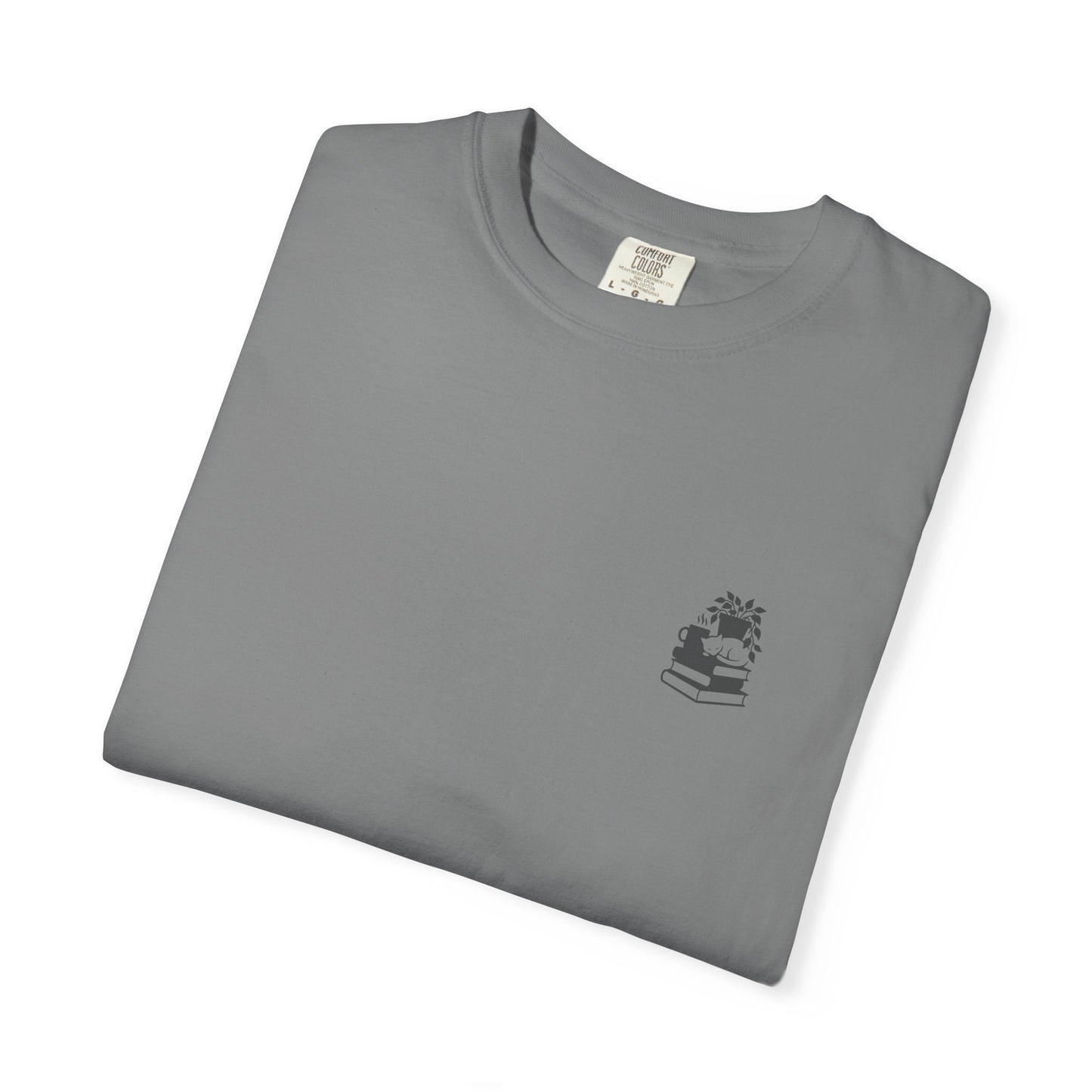 Cozy Cat on Books T-Shirt | Reading Tea Stack Illustration