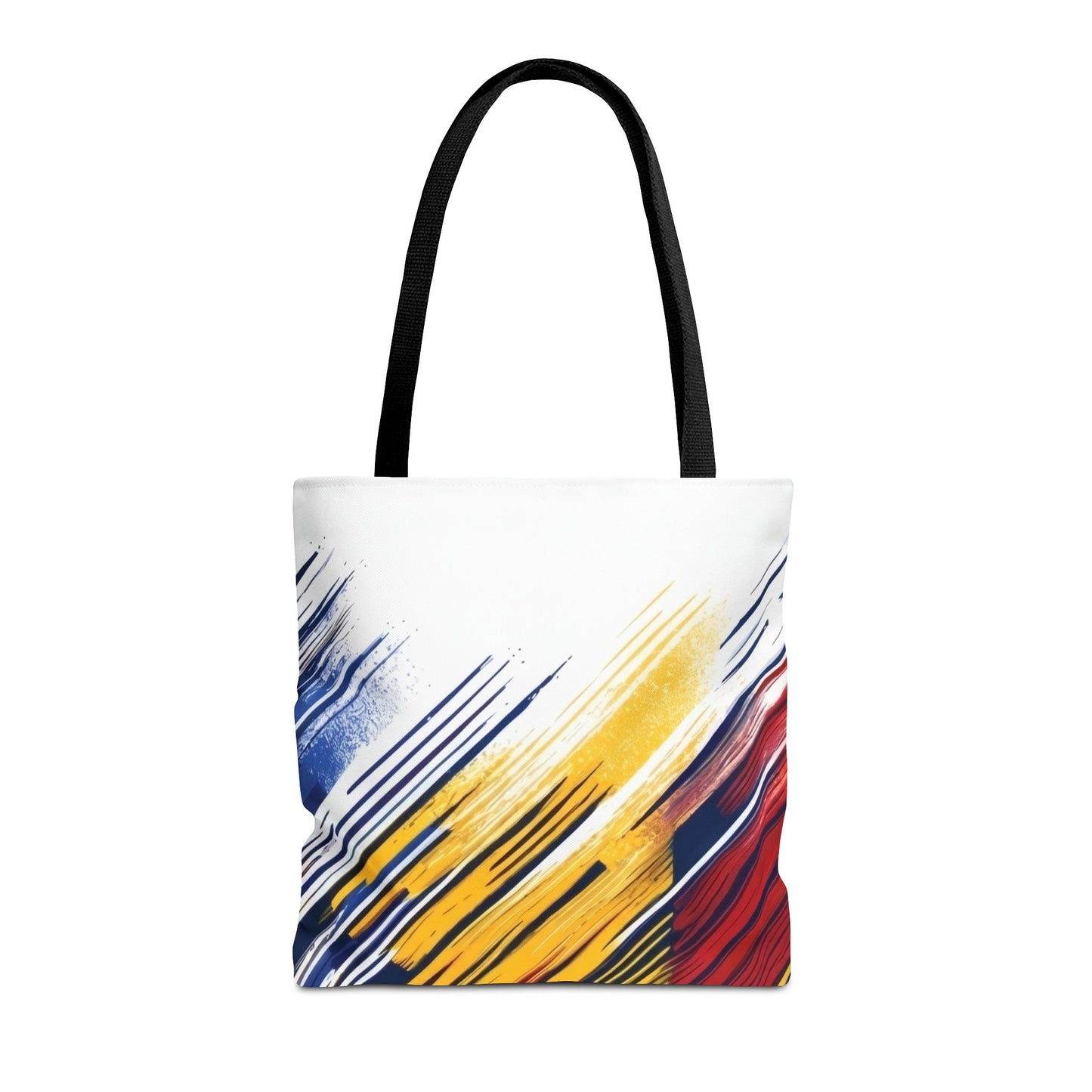 Colorful abstract brushstroke tote bag by Printify featuring bold red, yellow, and blue patterns on a spacious design.