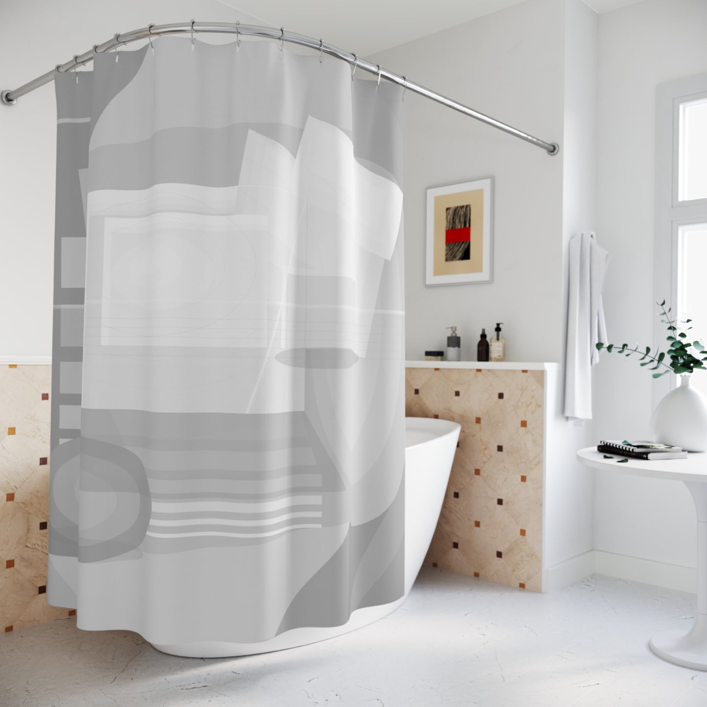 Gray geometric pattern shower curtain by Printify featuring abstract, modern bathroom decor with a minimalist design.