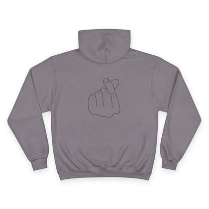 Champion Hoodie with Korean Finger Heart Graphic – Minimal White Pullover