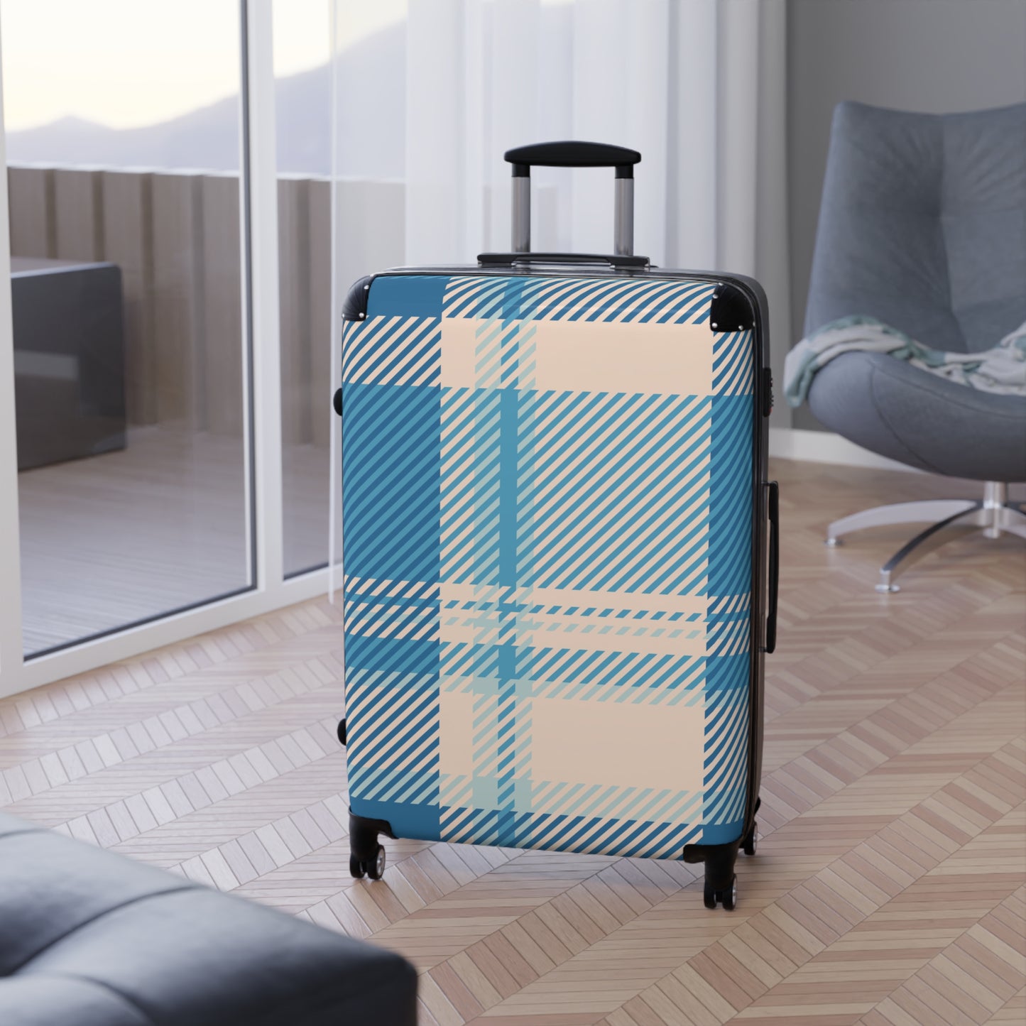 Blue Plaid Carry-On Suitcase – Lightweight Checked Luggage with Classic Tartan Design
