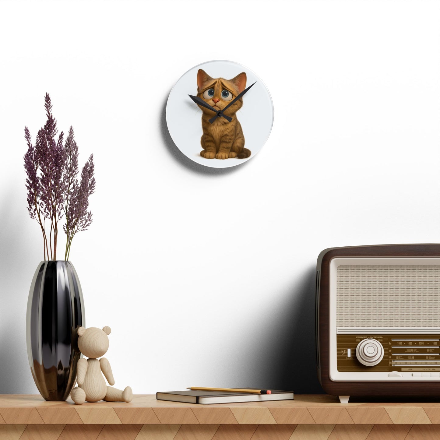 Sad Cartoon Kitten Acrylic Wall Clock – Cute Nursery Cat Decor