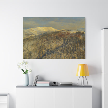 Mountain Serenity Stretched Canvas Art, Winter Landscape Wall Decor, Nature Print for Home, Gift for Nature Lovers, Cozy Interior Accent