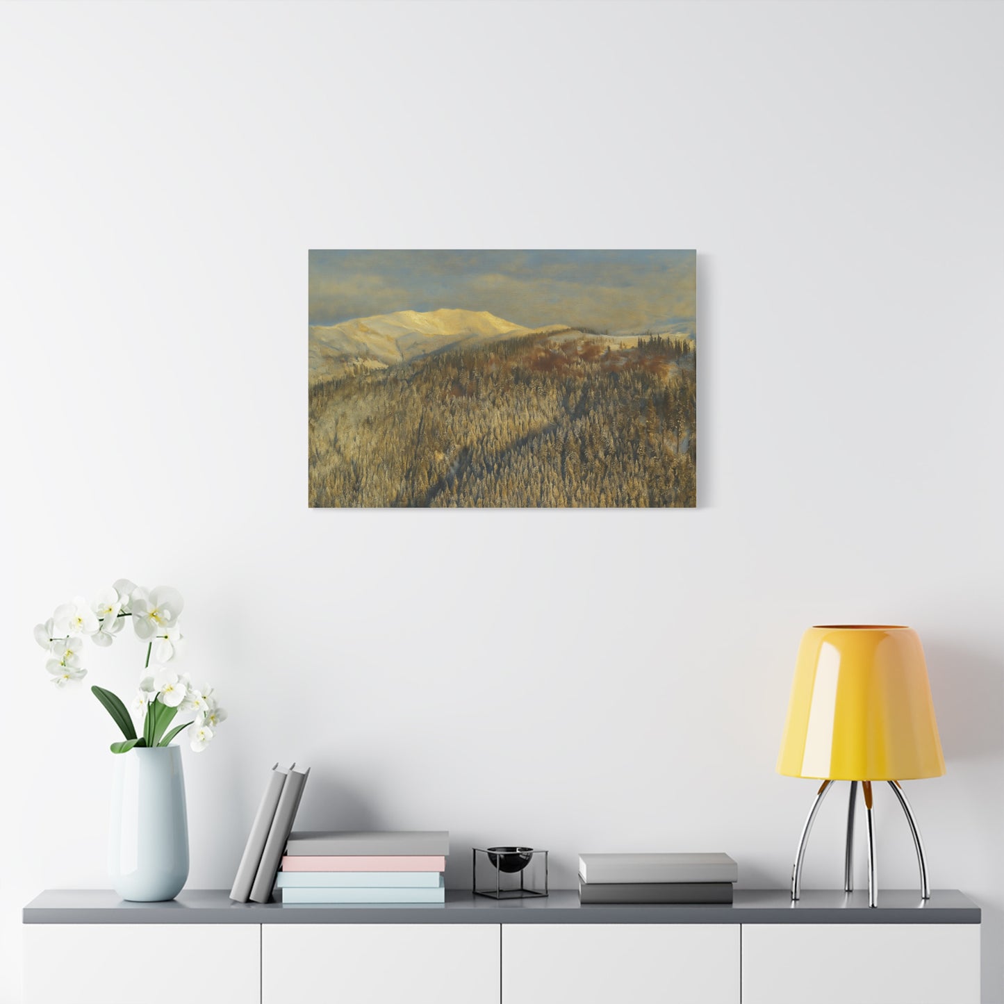 Mountain Serenity Stretched Canvas Art, Winter Landscape Wall Decor, Nature Print for Home, Gift for Nature Lovers, Cozy Interior Accent