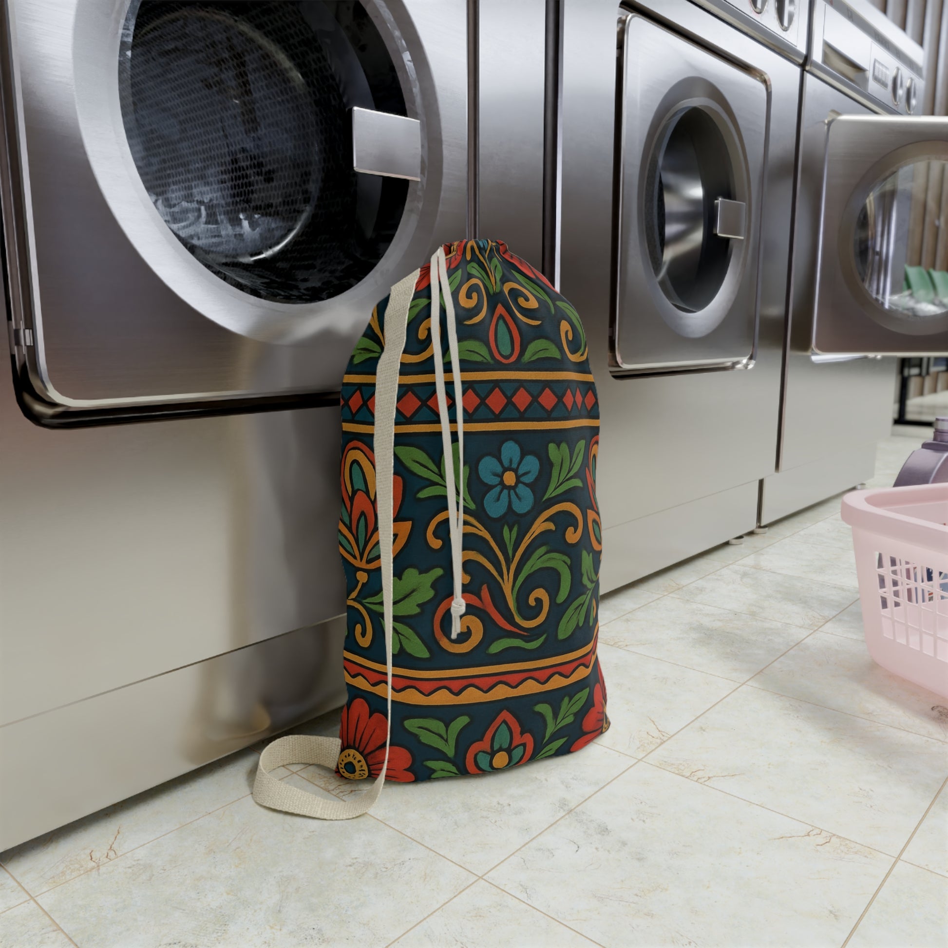 Folk Floral Pattern Laundry Bag | Boho Floral Drawstring Bag - TRV