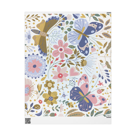 Floral Butterfly Wrapping Paper Roll — Elegant Blue & Gold Garden Gift Wrap