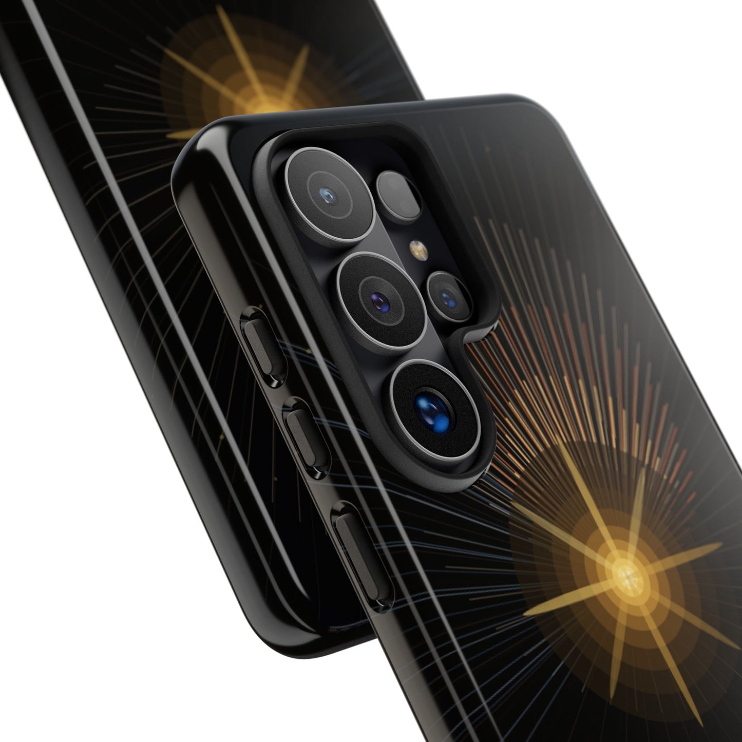 Tough Cases - Radiant Star Phone Case, Protective Black Shockproof Cover with Golden Light Design