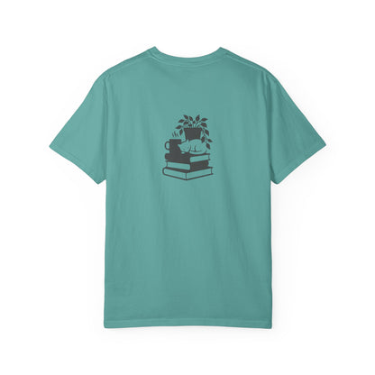 Cozy Cat on Books T-Shirt | Reading Tea Stack Illustration