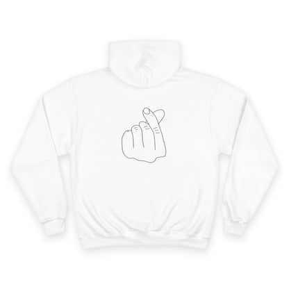 Champion Hoodie with Korean Finger Heart Graphic – Minimal White Pullover