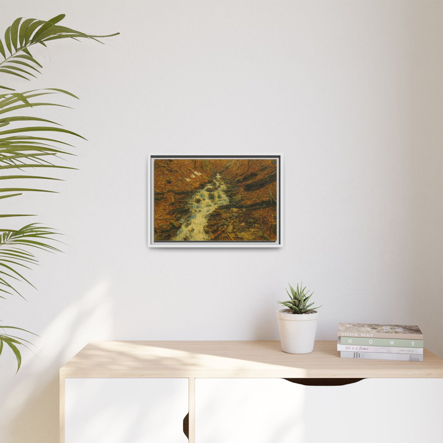 Serene Abstract Nature Canvas Art, Framed Wall Decor, Rustic Home Accent, Earthy Tone Artwork, Tranquil River Scene - TRV