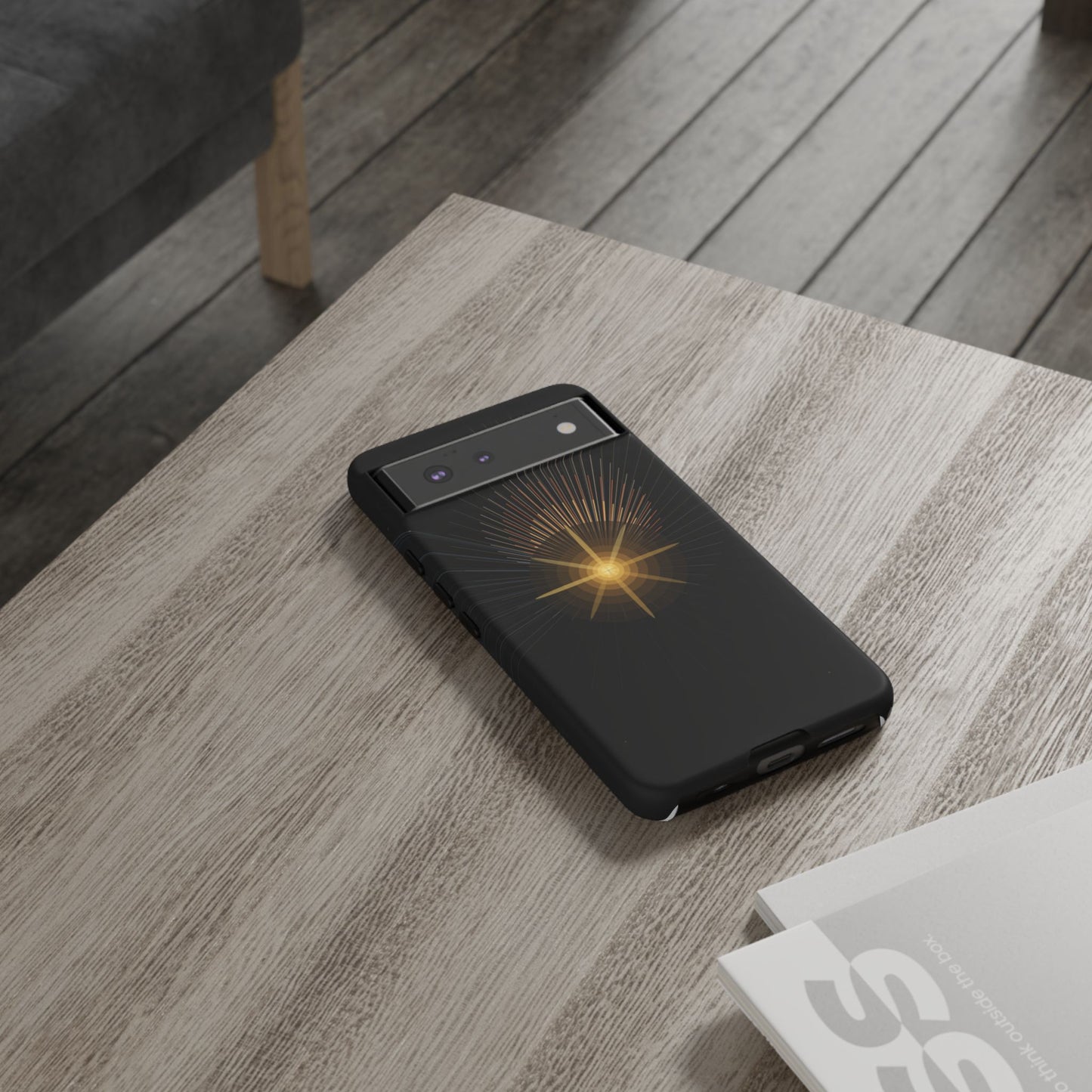 Tough Cases - Radiant Star Phone Case, Protective Black Shockproof Cover with Golden Light Design