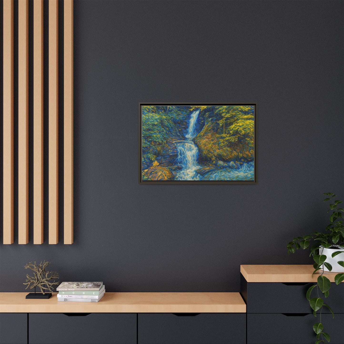 Framed Canvas Art, Majestic Van Gogh Style Waterfall Landscape Wall Decor, Nature Lover Gift, Home Office Artwork, Living Room Decoration - TRV