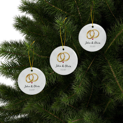 Wedding Rings Ornament round ceramic ornament | Personalized names and date - TRV