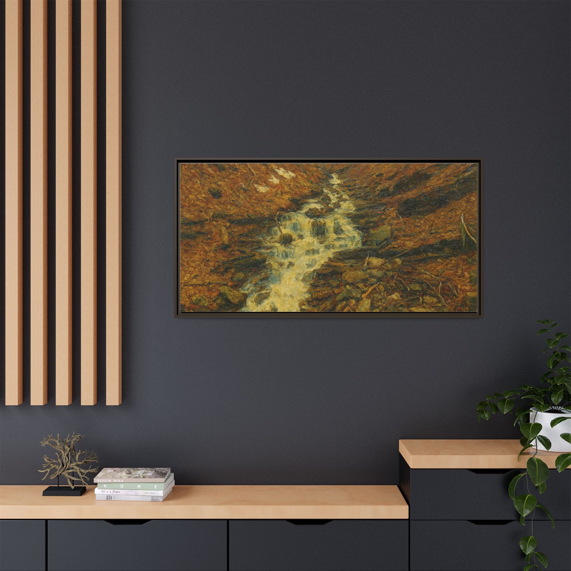 Serene Abstract Nature Canvas Art, Framed Wall Decor, Rustic Home Accent, Earthy Tone Artwork, Tranquil River Scene - TRV