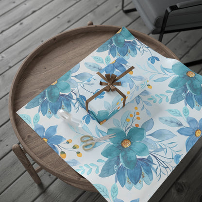 Blue Floral Wrapping Paper Roll — Watercolor Bouquet Gift Wrap