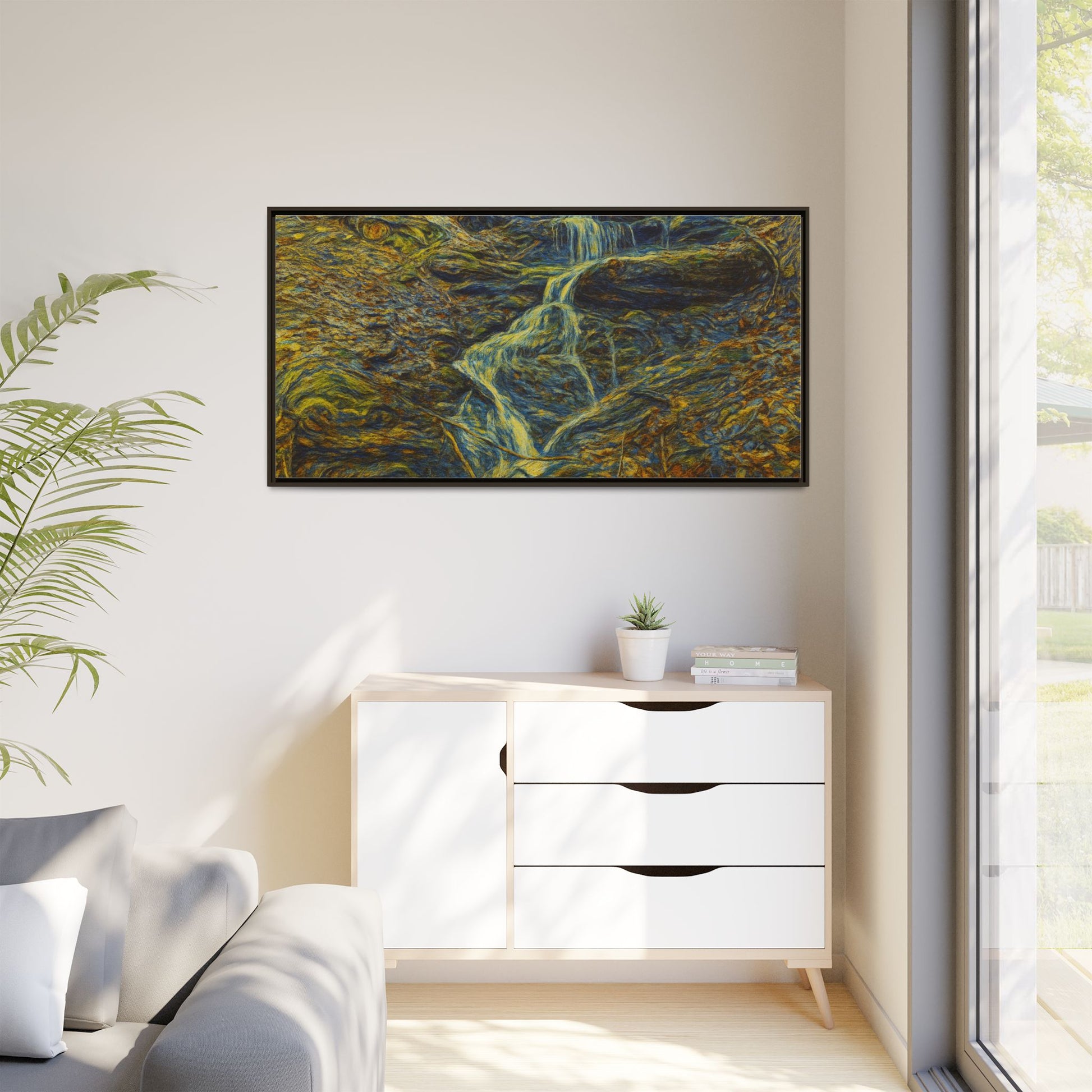Van Gogh Style Framed Matte Canvas Art Print - Nature-Inspired Wall Decor, Abstract Waterfall Artwork, Home Office Decoration - TRV