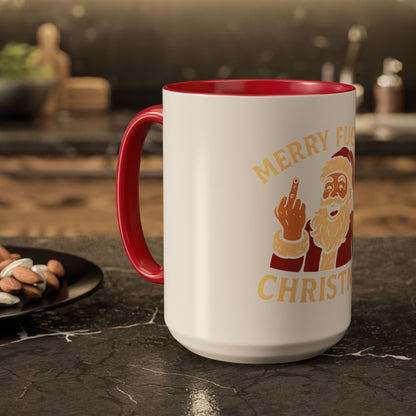 Irreverent Merry Christmas Mug — Funny Santa Middle Finger Coffee Cup (11oz & 15oz)