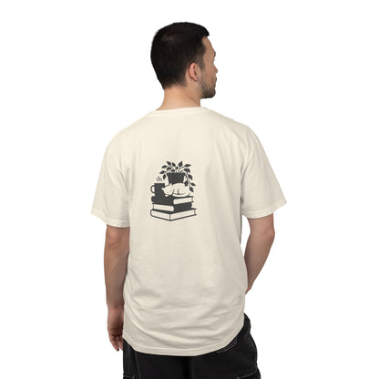 Cozy Cat on Books T-Shirt | Reading Tea Stack Illustration