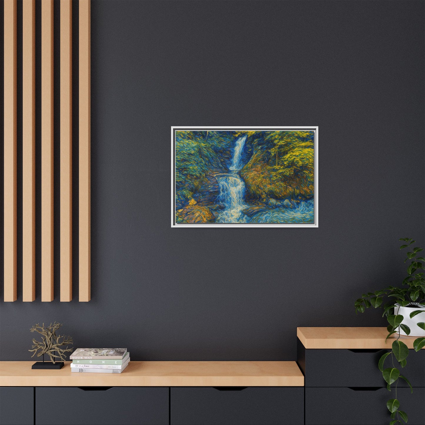 Framed Canvas Art, Majestic Van Gogh Style Waterfall Landscape Wall Decor, Nature Lover Gift, Home Office Artwork, Living Room Decoration - TRV