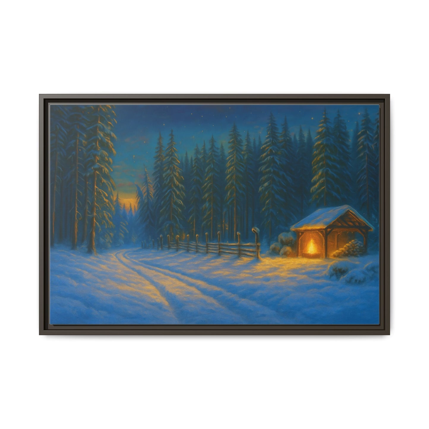 Framed Winter Landscape Canvas, Cozy Cabin Art, Christmas Decor, Winter Home Decor, Holiday Gift, Wall Art - TRV