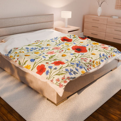 Wildflower Meadow Velveteen Plush Blanket | Poppy Daisy Floral Throw - TRV