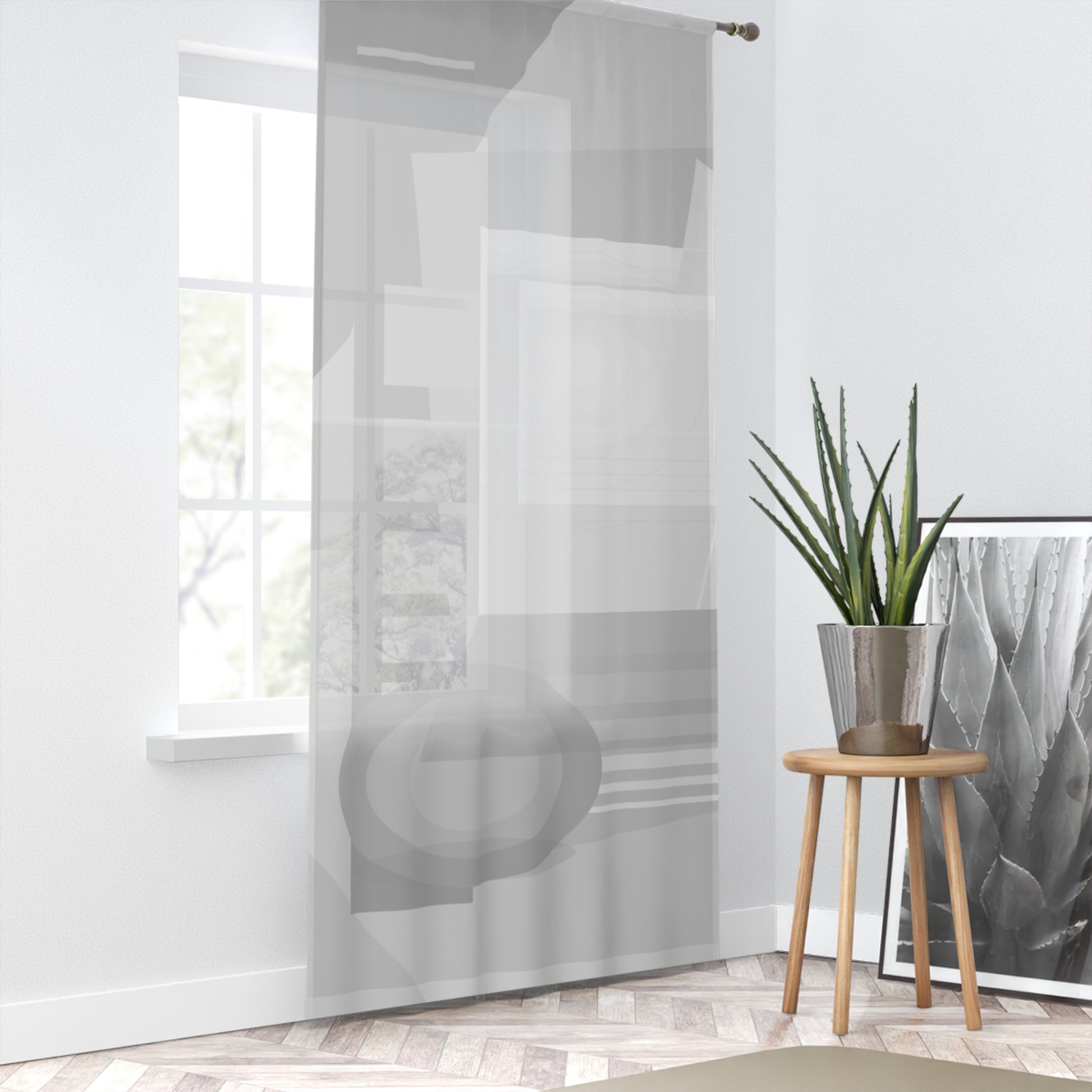 Abstract geometric design sheer window curtain by Printify, modern minimal home decor panel for stylish window coverage.