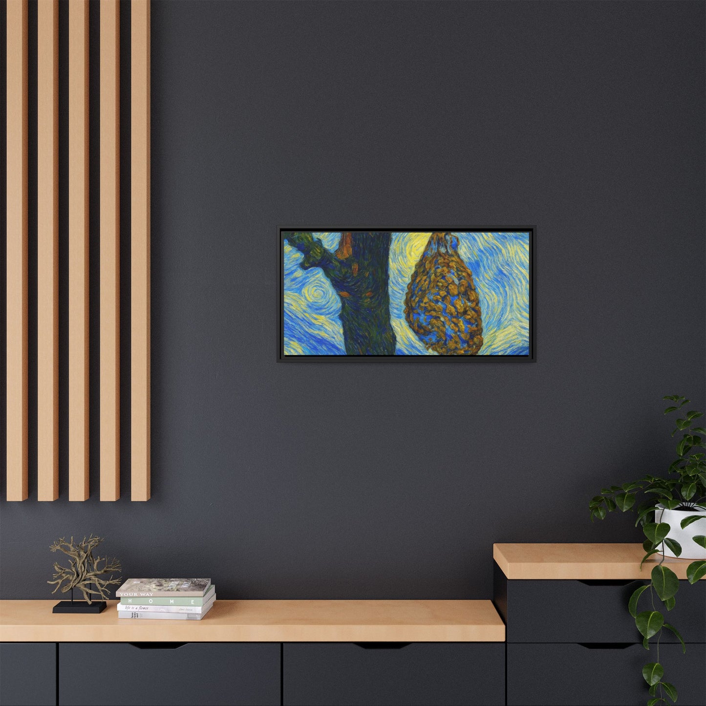 Framed Matte Canvas Art — Van Gogh-Style Swirling Night with Hanging Beehive