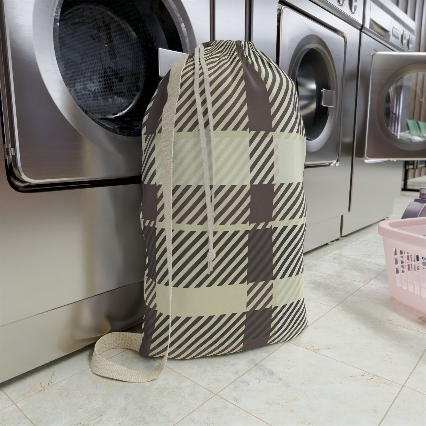 Plaid Laundry Bag — Beige & Brown Drawstring Wash Tote